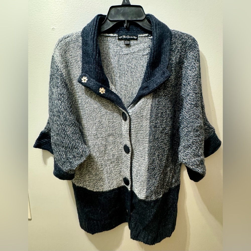Miss Guided blue block pattern snap cardigan, size L - Picture 1 of 3